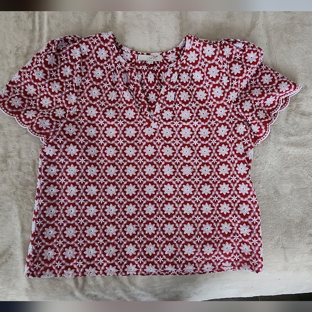 LOFT Red and White Floral Blouse